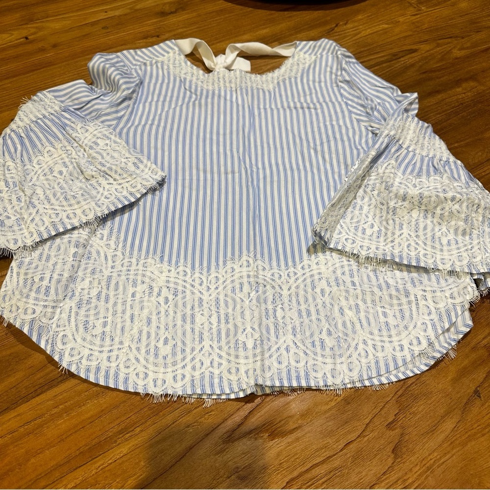 Zara Women’s Blue Striped White Lace Bell Sleeve Tie Back Blouse‎ Cropped Frilly - Picture 3 of 12